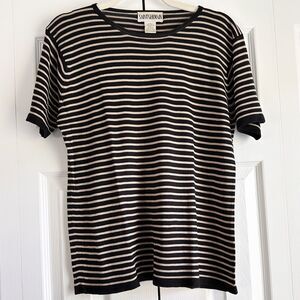 Saint Germain 100% Silk Striped Knit Top Women’s Large Black Beige Short Sleeve